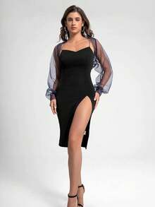Lightweight European And American Style New Long Sleeve Mesh Shawl, Simple And Sexy Transparent Cropped Jacket For Brides Fall Clothes For Women,Elegant,Birthday - Black - View 2