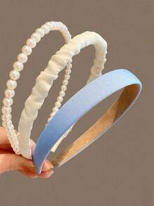 3件装简约纯色清新简约夏季头带复古法式百搭出门发夹仿珍珠压头带发饰，发箍头带女士，发饰，发箍 - 彩色 - 查看 2