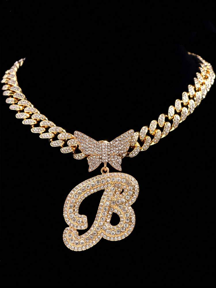 银色女士项链 - A-Z 首字母蝴蝶吊坠项链和手链套装、女士个性化链式珠宝、菱形链、草书字母珠宝礼物 - 項鍊 - 查看 3