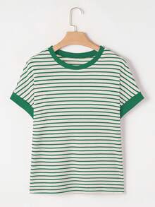 Acelitt 条纹撞色肩部短袖针织休闲圆领T恤，夏季 - 綠色 - 查看 4