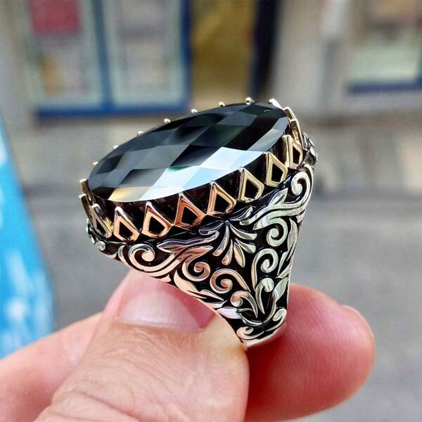 Vintage Men's Black Cubic Zirconia Ring, Costume Jewelry, Suitable For Daily Wear