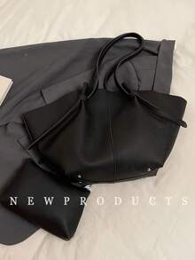 low tea 2 件纯色 PU 皮革女士单肩包，大容量手提包，双手柄和按扣开合，适合旅行、购物、约会、大学生、初学者和办公室女士，非常适合办公室、学校、工作、商务、通勤、户外、旅行 - 黑色 - 查看 5