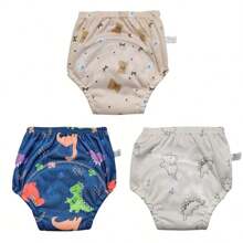 Paquete de 3 pantalones de entrenamiento para ir al baño reutilizables y lavables para niños y niñas pequeños, con patrones de animales lindos, ajuste regular, sin cintura, estiramiento medio, pantalones de pañal de entrenamiento para recién nacidos, material suave para lavar a máquina o a mano - un gran regalo para baby shower para varias ocasiones