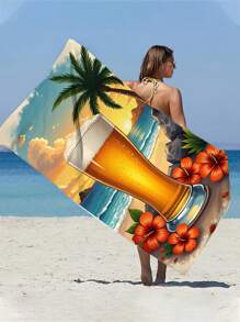 1pc Beach Sunset Beer Printed Ultra-Soft Microfiber Beach Towel, Extra Large Beach/Bath Towel With Colorful Graffiti Design For Outdoor Beach Mat, Yoga Mat, Bathroom Accessories, Quick-Dry 250gsm For Swimming, Gym, Yoga, Outdoor, Camping Travel Essentials Travel Accessories Beach Essentials