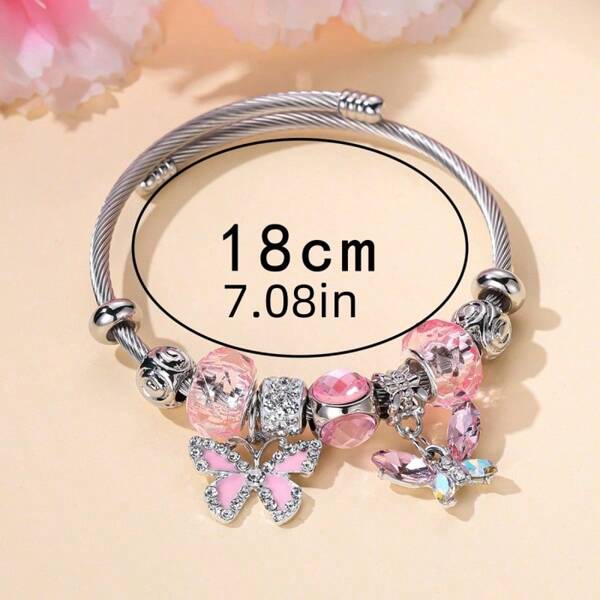 1 pieza Pulsera de acero inoxidable con cuentas y colgante de mariposa con circonita cúbica rosa dulce y adorable. Brazalete de cuentas DIY, ajustable, para mujer, uso diario, fiestas, festivales y como regalo.
