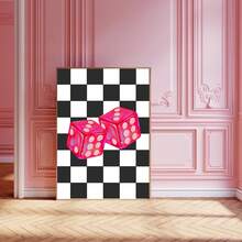 [Pink Dice Checkered Wall Art Poster] 1pc Unframed Canvas Print - Modern Art Deco Style Pink Dice Wall Art, Checkered Pattern, Indoor/Outdoor Poster For Home Office, Living Room, Bedroom, Dorm, Restaurant - Portrait Orientation