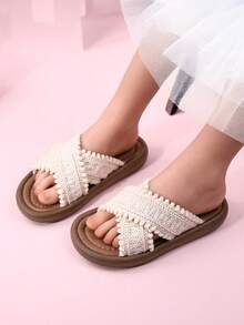 时尚儿童平底凉鞋，春夏新款厚底女童凉鞋，中号/儿童户外一脚蹬休闲露趾沙滩鞋，幼儿/小女孩拖鞋 - 米色 - 查看 3