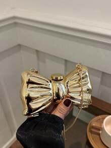 Mini Bowknot Mini Evening Bag, Small Personalized Fashion Chain Lipstick Bag For Women, Suitable For Valentine's Day, Party, Date, Decorative Shoulder Crossbody Bag, Coin Purse, Silver, Gold Earphone Case - 金色 - 查看 4