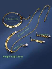 One Set Of Women Fashion Jewelry Including One Necklace, One Pair Of Earrings, One Bracelet In Golden Color With Wheat And Faux Pearl Design, Delicate Texture And Luxurious Style, Perfect For Festival Gift Giving