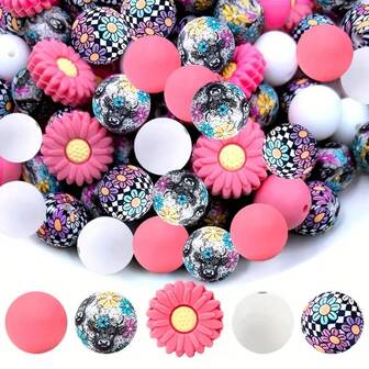 25 قطعة من الخرز السيليكون، مناسبة لصنع المجوهرات DIY، بتصاميم مختلطة - زهور دوار وزنبق وطباعة جينز - سلسلة مفاتيح وسوار وقلادة مستلزمات الحرف اليدوية