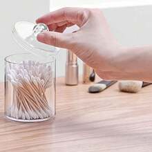 1pc Transparent Round Storage Jar With Lid Swab Holder Cotton Ball Organizer Apothecary Jars Bathroom Storage Organizer Clear Bathroom Storage Jars Vanity Storage Organizer For Cotton Swab Ball Pads Floss Initial Name 26 Letters Pattern