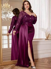 Plus V Neck Sequin Lace Contrast Draped Front Ruched Split Hem Satin Formal Party Long Dress, Wedding Guest Dress, For Graduation, Homecoming, Festivals - 紫紅色 - 查看 6
