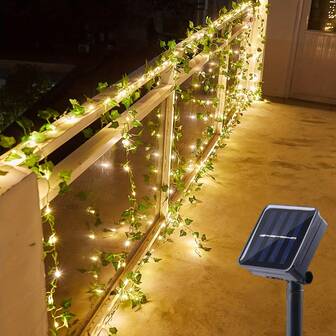 1pc Solar Powered Copper Wire Fairy Lights, 20/50/100 LED Artificial Ivy Vine Fairy String Lights With 8 Lighting Modes, Ideal For Outdoor Garden, Wall, Balcony, Fence, Tree, Wedding, Party, Restaurant Decor