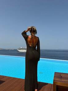 Damen einfarbiges, sexy rückenfreies, figurbetontes, transparentes Langarmkleid, elegant in Schwarz für Frühling/Sommer - Schwarz - Übersicht 2