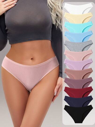 12pcs/Pack Women's Low Waist Solid Color Simple Comfortable Seamless Cotton Briefs