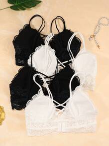 4pcs Women's Casual-Comfortable Minimalist-Pastoral Wireless/No Underwire Removable Padding Knit Fabric Low Support Triangle Cup Bras