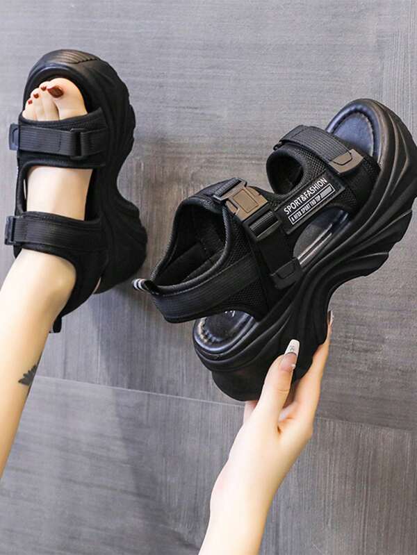 Women's Summer Wedge Platform Sports Sandals With Hook And Loop & Letter Strap, Comfortable Student Flip Flops