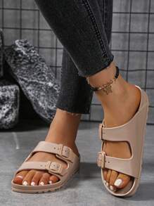 Sandali piatti alla moda da donna beige, con fibbie doppie regolabili in EVA leggeri, slip-on con cuscinetto morbido, antiscivolo e durevoli per uso all'aperto e in spiaggia