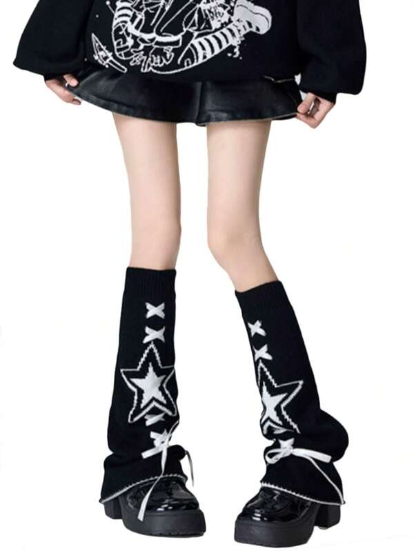 1 Pair Women Heart Shaped Warm Flare Leg Warmers, Star Pattern And Bowknot Design, Knitted Mid-Calf Length Leg Warmers, Decorative Leg Warmers, Y2K Acadamic Uniform Style, Suitable For Autumn/Winter, Christmas, Holidays