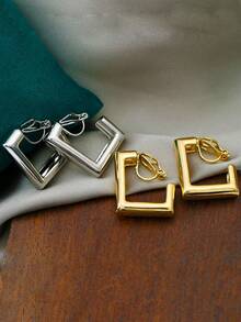 2 件光泽方形夹式耳环，适合无耳洞耳朵，简约奢华女士耳饰，几何个性耳环，适合派对日常佩戴，情人节生日礼物 - C行耳夾 - 查看 10