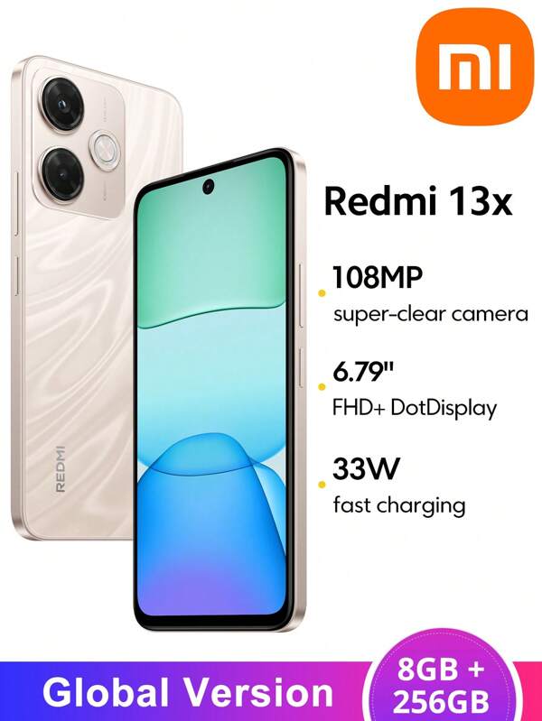 Xiaomi Smartphone Redmi 13x 8 Go + 256 Go Version mondiale Processeur Helio G91-Ultra 6,79" FHD+ DotDisplay Jusqu'à 90 Hz Taux de rafraîchissement Caméra principale super claire de 108 MP Batterie 5030 mAh (typ) Prise en charge de la charge rapide 33 W Prise casque 3,5 mm Xiaomi HyperOS