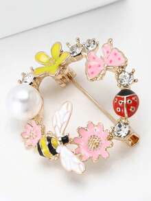 1 件别致的蜜蜂和花朵花环胸针 - 锌合金，带仿珍珠装饰，金色瓢虫和蜂窝设计，彩色珐琅花朵，优雅的女孩服装配饰