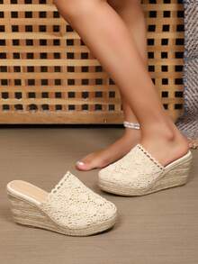 透气封闭式鞋头绳带厚底坡跟休闲一脚蹬女式凉鞋 - 米色 - 查看 3