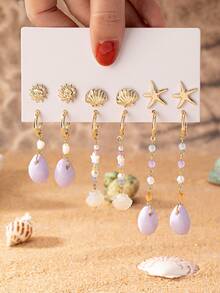 6 Pairs Summer Vocation Sea Beach Shell Starfish Dangle Earring Stud Earrings Set For Women - Multicolor - View 8
