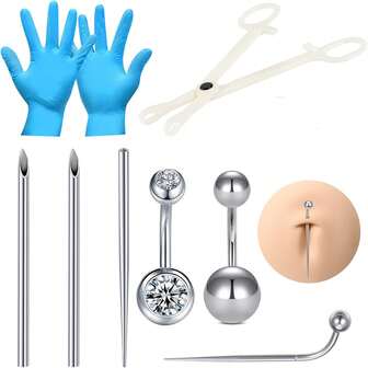 Piercingsats med engångsnålar av rostfritt stål, klämmor, avsmalnande för navel, näsa, septum, bröstvårta, tunga, ögonbryn, läppar