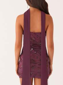Women Sequin Sparkly Floral Tube Mini Dress With Scarf Y2k Sexy Pearl Embellished Bling Glitter Bodycon Dresses - Màu đỏ tím - Xem 2