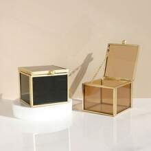 1pc Vintage Style Square Glass Jewelry Box With Golden Accents - Zipped Storage Case For Earrings, Rings, Bracelets And Necklaces. Retro Golden Transparent Glass Jewelry Box With Lid - Geometric Golden Jewelry Display And Storage Box, Home Decor Box, Suitable For Holding Accessories, Rings, Earrings, Girl/Woman Birthday Gift,For Holiday Beach, Bathroom Collection, Bedroom Collection, Large Capacity