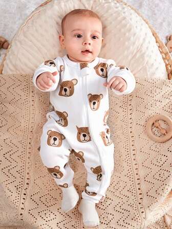 Babypojke Söt Björn Heltryckt Dragkedja Jumpsuit