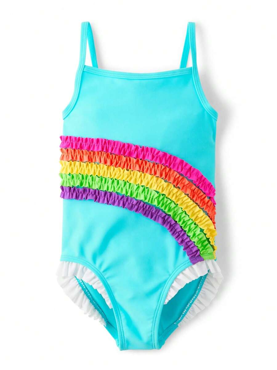 Girls Ruffle Rainbow One Piece Swimsuit - Swim - TIME FOR TEAL - View 1
