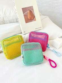 1pc Dopamine Color Mesh Data Cable Storage Bag, Portable Handheld Wired Earphone Power Charger Lipstick Bag, Pink/Purple/Blue Small Travel Storage Bag, Travel Essentials, Travel Accessories, Mobile Phone Storage Bag Cable Organizer