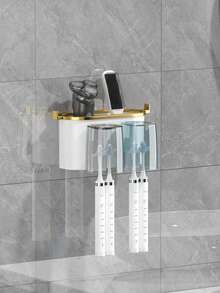 Gold-Plated Toothbrush Holder Toothpaste Holder Mouthwash Cup Wall-Mounted Toothbrush Cup Household Toothbrush Holder Toothpaste Squeezer Bathroom Decor Summer - family of two - View 4