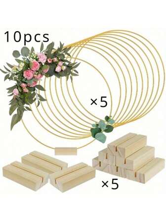 Paquete de 10 centros de mesa decorativos de metal dorado con soportes de madera - Anillos redondos DIY para decoraciones de boda, fiesta y cumpleaños, hechos de madera, sin necesidad de electricidad