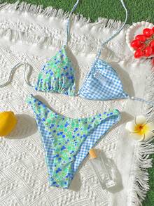 女士印花比基尼泳衣沙滩套装，黄色格子图案，夏季度假套装 - 藍色 - 查看 5