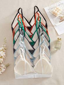 7PCS Women's Simple Casual Rib Solid Color Bra, Soft, Breathable, Wireless, Comfortable At Home Style Bra Underwear. - Multicolor - View 3