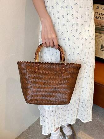 Women's Casual Vacation Woven Bag, New Rattan Handbag, Straw Woven Bag, Bamboo Knot Tote, Vintage Handmade Bamboo Woven Tote Bag