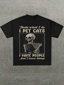Para hombre,Gato Esqueleto Amante De Los Gatitos Gatito Calavera Gruñón Dueño De Mascota ,Casual impresión digital 220g puro pesado 100% algodón camiseta, cuello redondo de verano, unisex - Negro - Ver 1