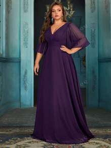 QOQ Elegant Girls Plus Size Bridesmaid Dresses Spring Summer Formal Dress For Wedding Guest, Bridesmaid, Weddings, Dinner, Engagement Party Solid Color Chiffon V-Neck Flounce Sleeve Gown