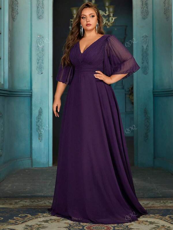 QOQ Elegant Girls Plus Size Bridesmaid Dresses Spring Summer Formal Dress For Wedding Guest, Bridesmaid, Weddings, Dinner, Engagement Party Solid Color Chiffon V-Neck Flounce Sleeve Gown