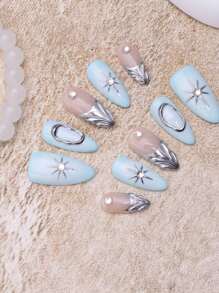 10 pezzi di unghie finte in stile Y2K per la primavera e l'estate, kit di unghie acriliche adesive con disegni a linee 3D, onde marine e decorazioni in strass cromati, unghie blu fatte a mano a mandorla, cute, punk e lucide, set di accessori per unghie per ragazze, donne e mamme per feste