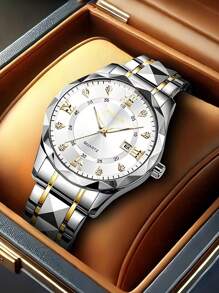 Reloj de cuarzo casual y de negocios para hombres con calendario, con correa de acero inoxidable. Adecuado para decoración de la vida diaria y regalos navideños.