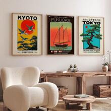 Set de pósteres de arte de pared con 1/3 piezas de grullas japonesas retro sobre el atardecer, barcos a vela, árbol bonsái - sin marco/enmarcado, estilo moderno, impresiones de Kioto, Fukuoka, Tokio