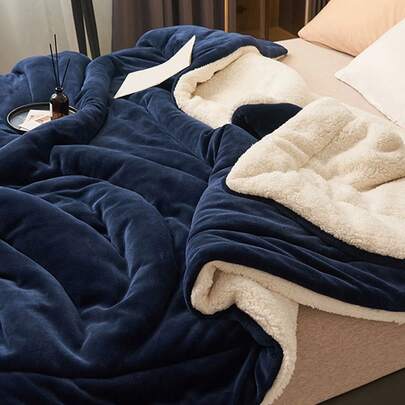 1pc Deep Blue Solid Color Milk Velvet Lambs Wool Double Layer Soft Cozy Blanket, Suitable For Bedroom, Hotel, All Seasons