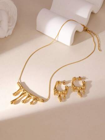 3 st halsband och örhängen i 18K rostfritt stål med slät droppformad och flammig design, perfekt för present och vardagsbruk