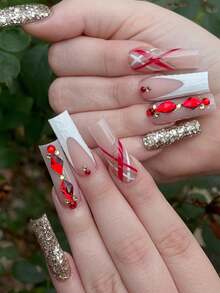 Nail Art DIY Kit With Red Assorted Mixed Rhinestones - Press-On Nails Decoration Accessories For Home & Party Use, Portable Manicure Design Set - Red - View 4