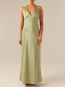 Women Halter Satin Maxi Dress Sleeveless Tie Up Backless V Neck Elegant Cocktail Dresses Wedding Guest Dress - màu xanh lá - Xem 3