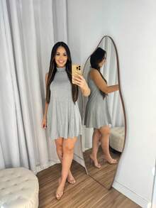 HIGH NECK LOOSE TANK TOP DRESS EVERYDAY FASHION ELEGANT - Grey - View 1